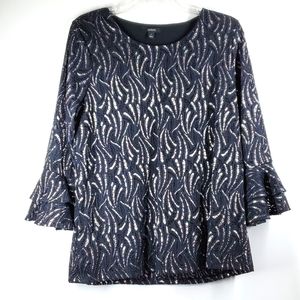 Alfani Black Metallic Silver Bell Ruffled Sleeve Blouse S  NWOT